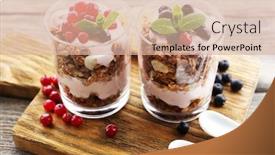  Presentation with muesli - Presentation theme enhanced with healthy layered dessert with muesli and berries on table background and a lemonade colored foreground