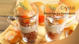  Presentation with muesli - Slide deck featuring healthy layered dessert with muesli and fruits on table background and a yellow colored foreground