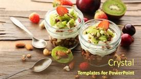  Presentation with muesli - PPT layouts featuring healthy layered dessert with muesli and fruits on table background and a tawny brown colored foreground