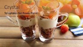  Presentation with muesli - PPT layouts consisting of healthy layered dessert with muesli and fruits on table background and a gold colored foreground