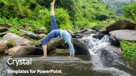  Presentation with waterfall woman - Slide deck consisting of healthy life exercise concept - woman doing yoga asana eka pada urdva dhanurasana upward bow pose outdoors at waterfall in himalayas background and a tawny brown colored foreground
