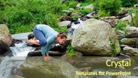  Presentation with waterfall woman - Audience pleasing presentation theme consisting of healthy life exercise concept - woman doing kakasana asana - crow pose arm balance outdoors at tropical waterfall backdrop and a tawny brown colored foreground