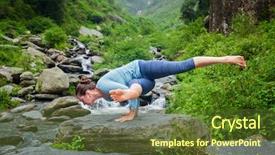  Presentation with waterfall woman - Audience pleasing theme consisting of healthy life exercise concept - young sporty fit woman doing yoga asana eka pada koundinyasana 1 at tropical waterfall backdrop and a tawny brown colored foreground