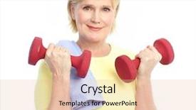  Presentation with asian fitness elderly - PPT theme featuring healthy life style - gym fitness smiling elderly woman background and a lemonade colored foreground