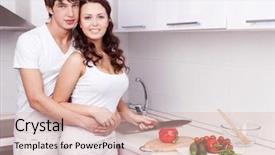  Presentation with young happy couple - Amazing slides having healthy life style - happy young loving couple cooking backdrop and a lemonade colored foreground