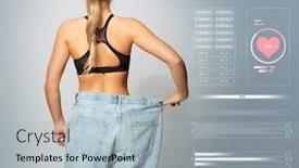  Presentation with weight loss woman showing - Beautiful presentation theme featuring healthy lifestyle and technology concept - young slim sporty woman in large size pants showing weight loss result backdrop and a light gray colored foreground