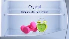  Presentation with heart healthy diet - Presentation theme enhanced with healthy lifestyle diet concept green alarm clock heart shape and pink dumbbells in empty refrigerator background and a sky blue colored foreground