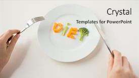  Presentation with healthy people - Theme with healthy lifestyle diet vegetarian food and people concept - close up of woman with fork and knife eating vegetable letters on plate background and a sky blue colored foreground
