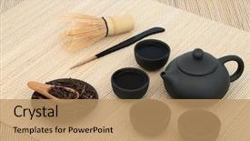  Presentation with japanese green tea - Presentation theme consisting of healthy lifestyle immunity - japanese kuchika roasted twig green background and a coral colored foreground