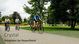  Presentation with bicycles - Cool new presentation design with healthy-lifestyle-people-riding-bicycles backdrop and a mint green colored foreground