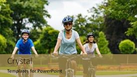  Presentation with bicycles - Presentation theme with healthy lifestyle - people riding bicycles in city park background and a gold colored foreground