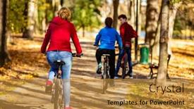  Presentation with bicycles - Audience pleasing presentation theme consisting of healthy-lifestyle-people-riding-bicycles backdrop and a gold colored foreground