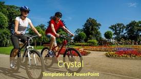  Presentation with healthy people - Audience pleasing PPT theme consisting of healthy-lifestyle-people-riding-bicycles backdrop and a coral colored foreground