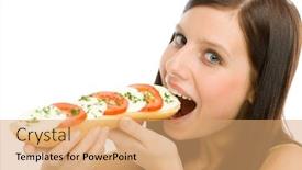  Presentation with eat - Beautiful PPT layouts featuring healthy lifestyle - portrait of happy woman eat caprese sandwich backdrop and a coral colored foreground