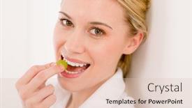  Presentation with grape - Amazing PPT theme having healthy lifestyle - portrait of woman bite grape on white background backdrop and a lemonade colored foreground