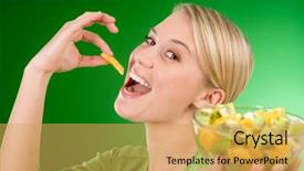  Presentation with orange slice - Presentation enhanced with healthy lifestyle - woman eat fruit salad slice of orange on green background background and a yellow colored foreground