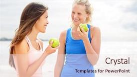  Presentation with women reproductive health - Amazing PPT theme having healthy lifestyle women eating apple backdrop and a  colored foreground