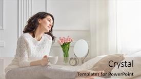  Presentation with house window frame - Slide deck with healthy living - beautiful young woman drinking coffee background and a mint green colored foreground