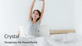  Presentation with sleep - Cool new PPT layouts with healthy living - young woman waking up happily backdrop and a light gray colored foreground