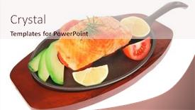  Presentation with lunch - Amazing slide deck having healthy lunch sea roast salmon on metal pan over red wooden plate with vegetables isolated over white background backdrop and a sky blue colored foreground