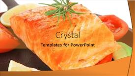  Presentation with lunch - Audience pleasing presentation theme consisting of healthy lunch sea roast salmon on metal pan over red wooden plate with vegetables isolated over white background backdrop and a gold colored foreground