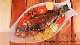  Presentation with lemons - PPT layouts having healthy lunch whole fried sea sunfish on wooden table with lemons peppers and tomatoes and rosemary twig background and a red colored foreground