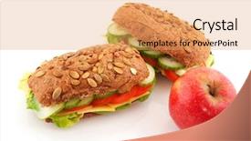  Presentation with lunch - Audience pleasing PPT theme consisting of healthy lunch with brown wholemeal bread roll with cereals and vegetables backdrop and a coral colored foreground
