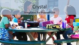  Presentation with elementary - PPT theme featuring healthy lunchbox - elementary pupils and teacher eating background and a light blue colored foreground