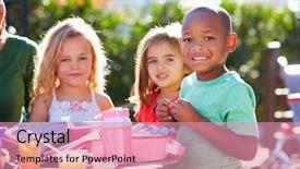  Presentation with esl elementary students - Beautiful PPT theme featuring healthy lunchbox - elementary pupils sitting at table backdrop and a coral colored foreground