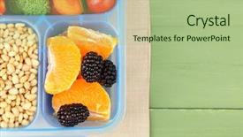  Presentation with vegetarian - PPT layouts featuring healthy lunchbox - tasty vegetarian food in plastic background and a mint green colored foreground