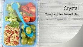  Presentation with vegetarian - PPT theme having healthy lunchbox - tasty vegetarian food in plastic background and a light gray colored foreground