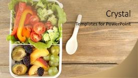  Presentation with vegetarian - Audience pleasing PPT theme consisting of healthy lunchbox - tasty vegetarian food in plastic backdrop and a coral colored foreground