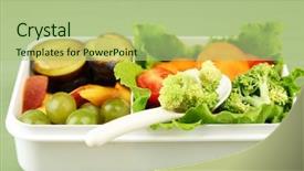  Presentation with chinese food to go box - PPT layouts consisting of healthy lunchbox - tasty vegetarian food in plastic background and a mint green colored foreground