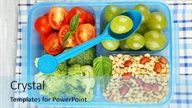  Presentation with vegetarian - Audience pleasing PPT theme consisting of healthy lunchbox - tasty vegetarian food in plastic backdrop and a light blue colored foreground