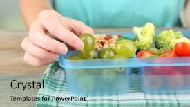  Presentation with lunch club - PPT theme having healthy lunchbox - woman making tasty vegetarian lunch background and a light blue colored foreground