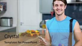  Presentation with environment health safety quality text - Audience pleasing presentation consisting of healthy man sending text messages backdrop and a  colored foreground