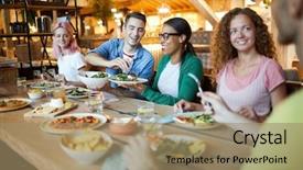  Presentation with intercultural - Amazing PPT theme having healthy meal and enjoying communication backdrop and a coral colored foreground