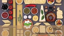  Presentation with mediterranean diet - Slides with healthy mediterranean diet and food ingredients forming an abstract background over grey background and a coral colored foreground