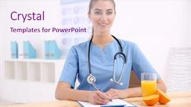  Presentation with female office graphics - Presentation theme having healthy menu planning - young female nutritionist in her background and a sky blue colored foreground