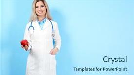  Presentation with weight loss - Slide deck with healthy menu planning - young female nutritionist with apple background and a  colored foreground