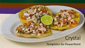  Presentation with mexican food - Audience pleasing slides consisting of healthy mexican meal shrimp tostadas backdrop and a coral colored foreground
