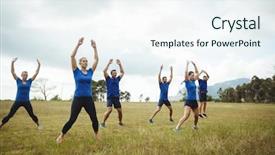  Presentation with elderly people and exercise - Slides featuring healthy military - fit people performing stretching exercise background and a sky blue colored foreground