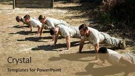  Presentation with boot camp - Beautiful slide deck featuring healthy military - soldiers performing pushup exercise backdrop and a coral colored foreground