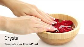  Presentation with water color hands - Slides enhanced with healthy nails - woman hands with wooden bowl background and a coral colored foreground