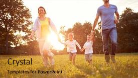  Presentation with children running - Amazing presentation theme having healthy park - mother and father with children backdrop and a gold colored foreground