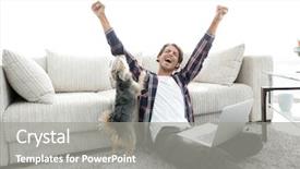  Presentation with living room - Beautiful presentation featuring emotion satisfaction - happy young man exults backdrop and a gray colored foreground