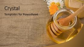  Presentation with rustic wood and flowers - Audience pleasing slides consisting of healthy product - jar of honey and flowers backdrop and a coral colored foreground