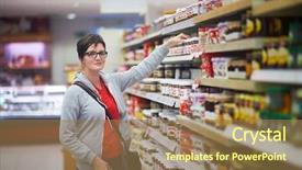  Presentation with supermarket shopping cart buying food - Theme enhanced with healthy product - shopping woman in supermarket store background and a coral colored foreground