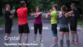  Presentation with team training - PPT layouts featuring healthy-runners-team-warming-up background and a ocean colored foreground