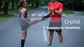  Presentation with team training - Cool new theme with healthy runners team warming up and stretching in city park before morning training backdrop and a seafoam green colored foreground